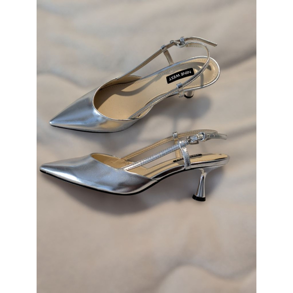 Nine West Shoes - Nine West Silver Metallic Slingback Kitten Heels Pointed Toe Elegant Pumps 6 1/2